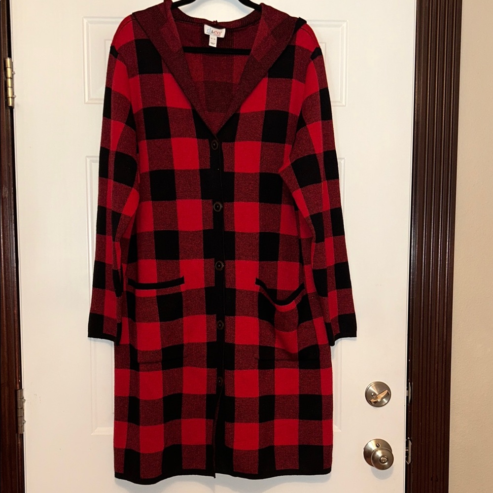 Denim & Co Buffalo Check Open Cardigan Sweater XL Red Black Hooded Knit